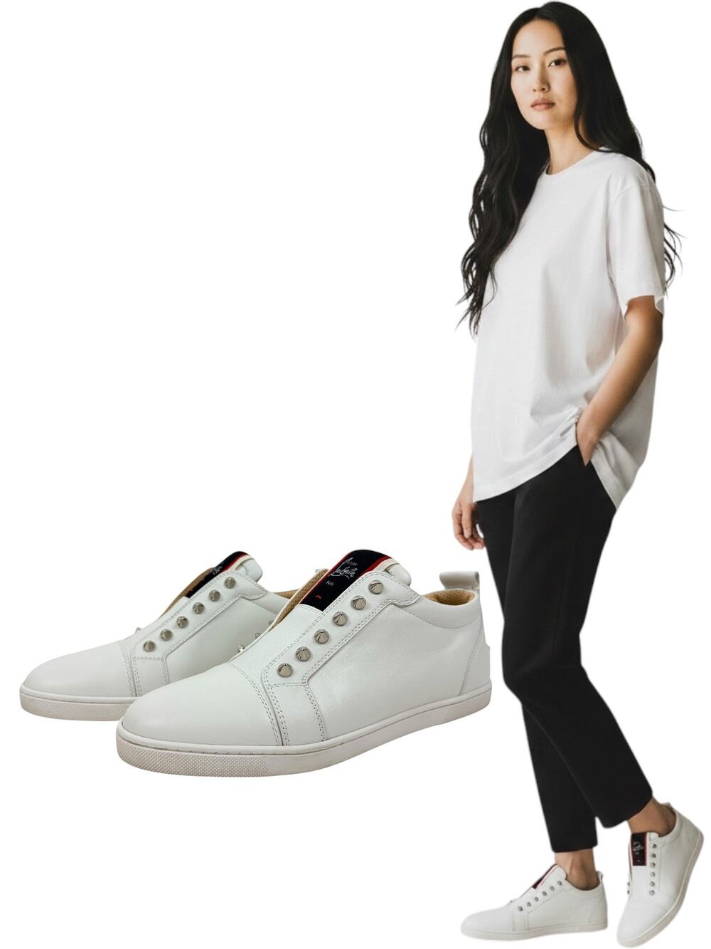 Christian Louboutin Fique A Vontade Spikes Slip On Leather Sneakers White 40